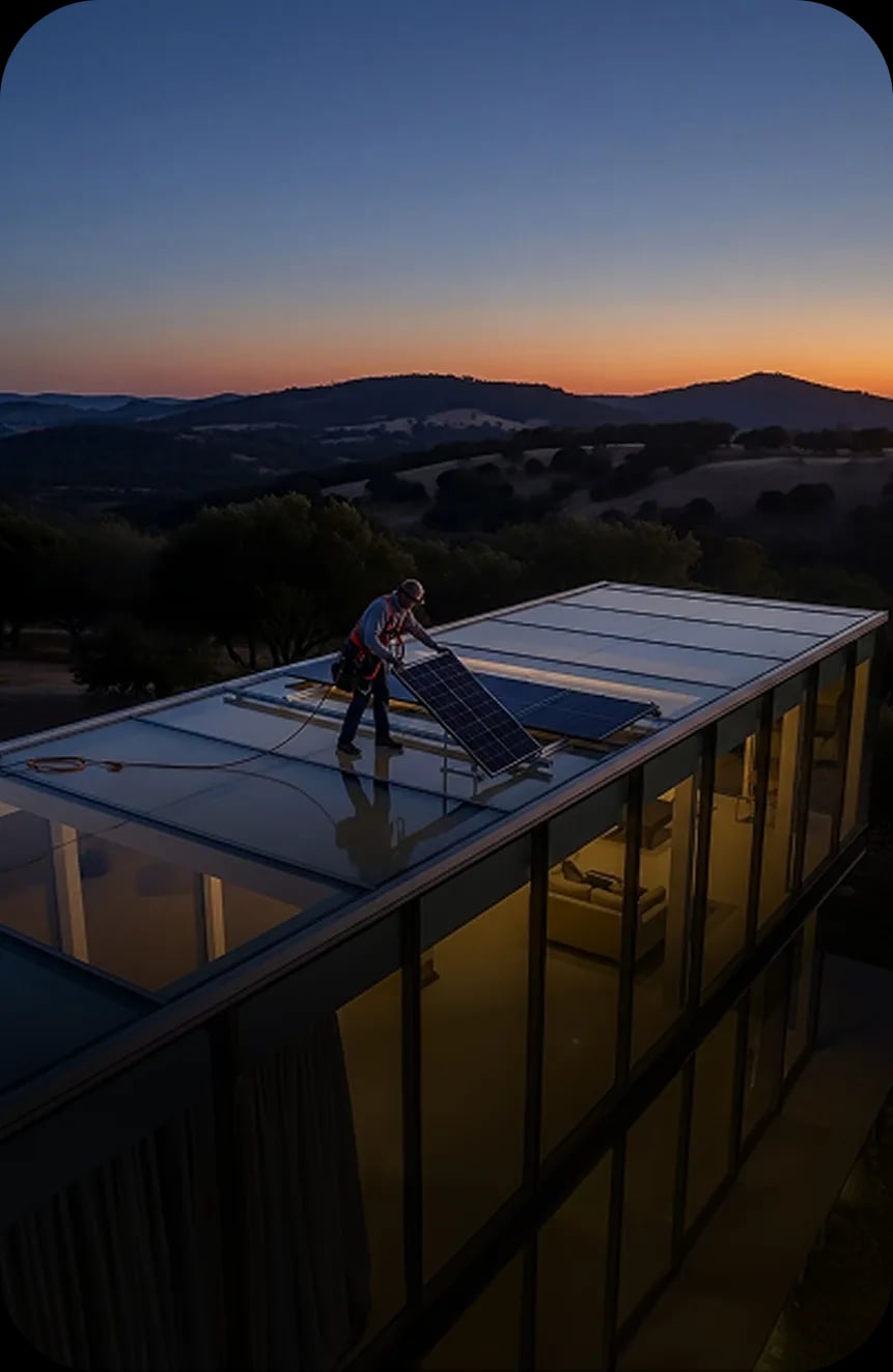 Workers installing solar panels on rooftop