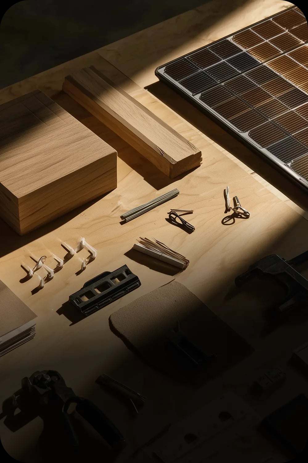 Solar panel tools and materials on workbench