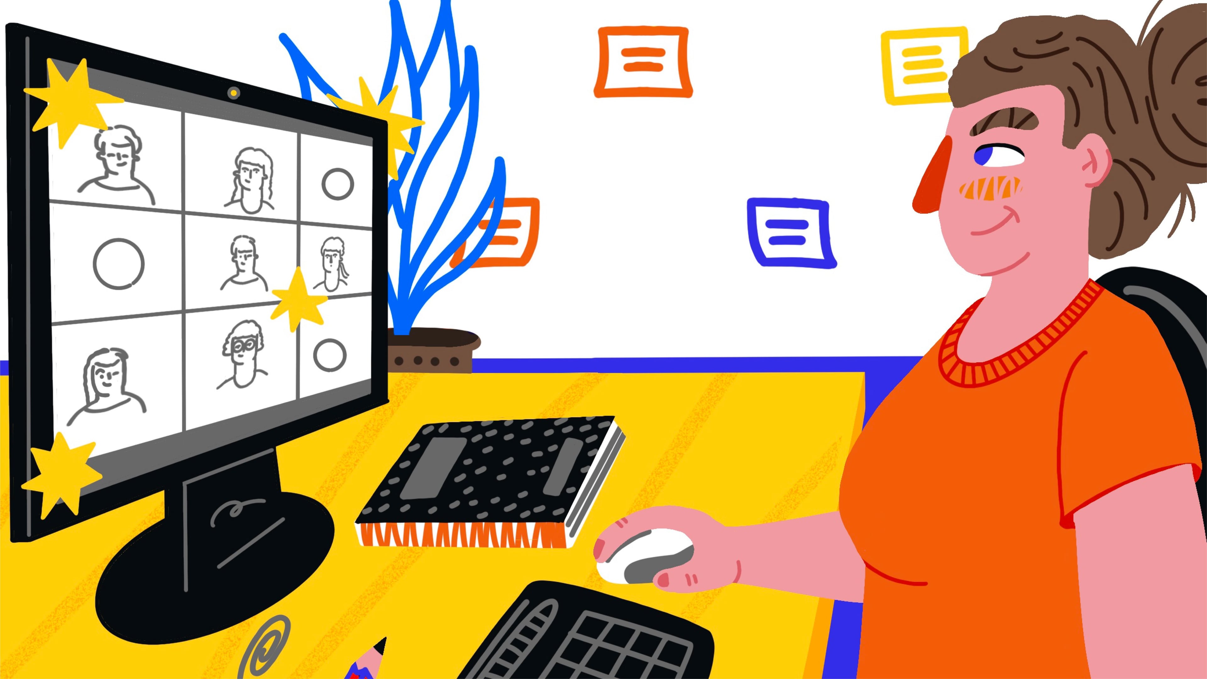 Ilustración de portada de una persona en una videollamada haciendo home office.