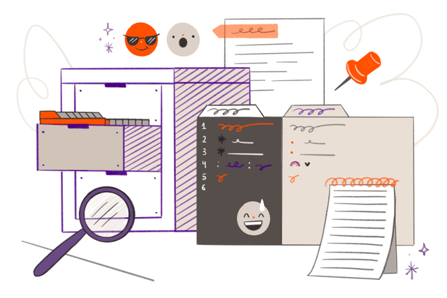 Ilustración de carpetas, lupas y archivos