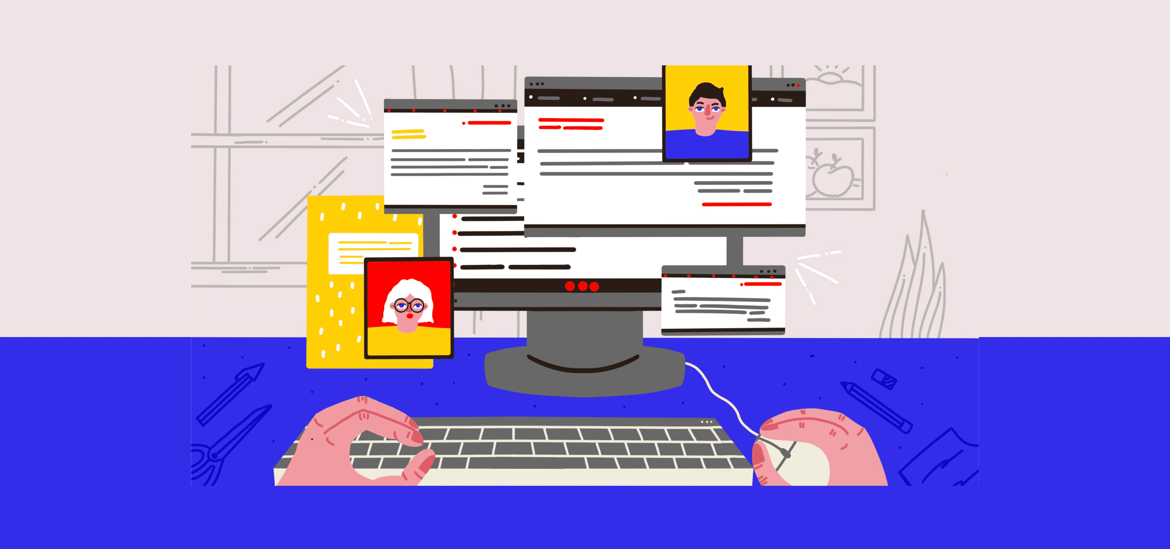 Ilustración de una persona en una computadora, con ventanas flotantes en la pantalla